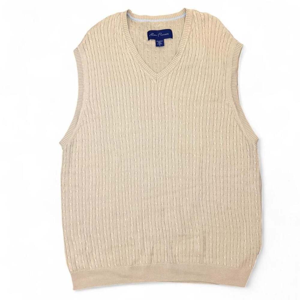 Alan Flusser Cable Knit Sweater Vest XL Tan Cotton V-Neck Pullover Preppy
